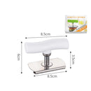 Dimensões de abridor branco. Cabo com 8 cm de comprimento por 6cm de altura, 8,5 cm de base, onde encaixa-se a tampa do pote e 3,5 cm de altura entre a base e o cabo