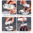 Demonstra o uso. A abertura da engrenagem de acordo com tamanho da tampa, ajustando a trava no ponto máximo, aplicação na tampa de pote, a rotação anti horário e o movimento para abertura do pote