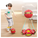 Criança breincando e a representação gráfica em descanso no chão, com disco, e em formato de bola ao alto.