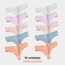 Kit 10pcs de calcinhas com tons claros, perfeito para o dia a dia tropical.