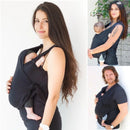 Duas mulheres e um homem com o Carregador Sling demonstrando ele instalado e com o bebê 