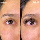 Mostra os olhos antes e os olhos realçados, antes e depois da aplicação dos cílios