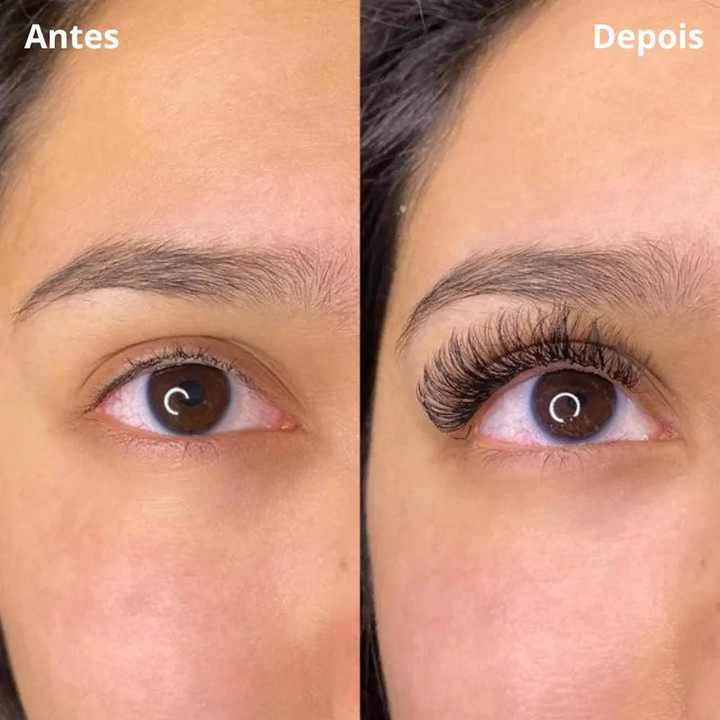 Mostra os olhos antes e os olhos realçados, antes e depois da aplicação dos cílios