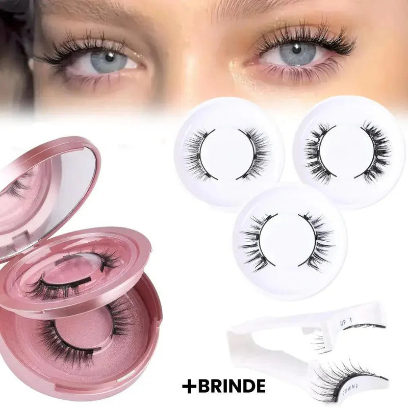 Olhos com a aplicação dos cílios, mostra o estojo e o texto indicando o brinde