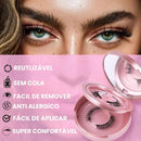 Olhos com a aplicação dos cílios e com texto informativos de: -Reutilizável, -Sem cola, -Fácil de remover, -Antialérgico, -Fácil de aplicar e -Super confortável
