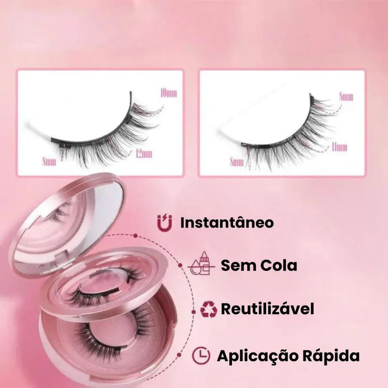 Mostra os cílios e o estojo. Informa alguns benefícios tais como: Aplicação Instantânea, Sem cola, Reutilizável e Aplicação Rápida