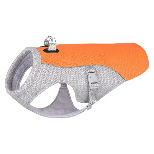 Coleira de Peito Térmica Cold Dog disponível nas cores azul, verde, laranja e rosa, pronta para envio. 