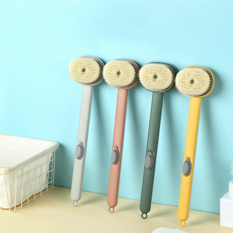 Escova de banho ergonômica disponível nas cores amarelo, cinza, verde e rosa.