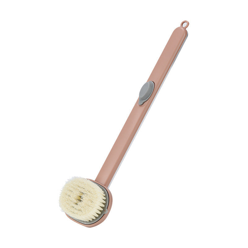 Escova de banho com alça longa e furo para pendurar, facilitando o armazenamento. Cor rosa.