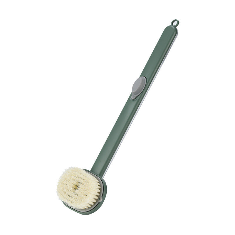 Escova de banho ergonômica sendo usada para alcançar áreas difíceis, conforto limpeza completa. Cor verde.