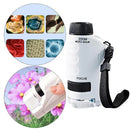 Microscópio portátil revelando detalhes invisíveis a olho nu com ampliação ajustável.