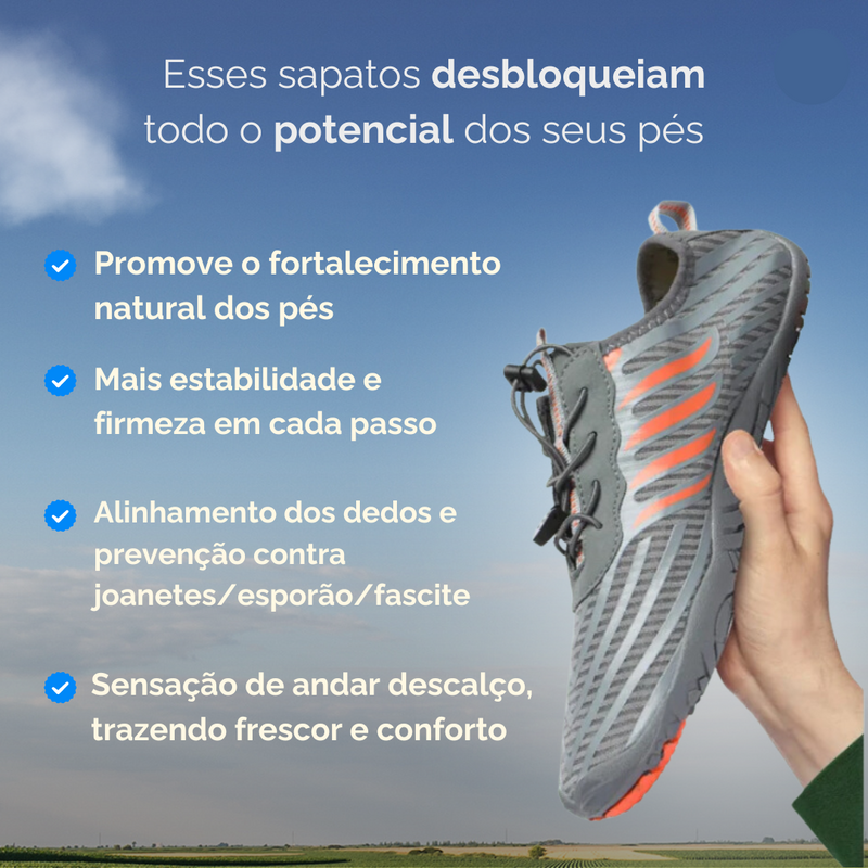 O sapato que desbloqueia o potencial dos pés! Maior fortalecimento, mais estabilidade, alinhamento dos dedos e sensação de andar descalço.